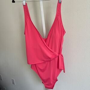 New  Tommy Bahama  Swimsuit Women 14 Pink V-Neck Tie Front Wrap High Leg 1 Piece